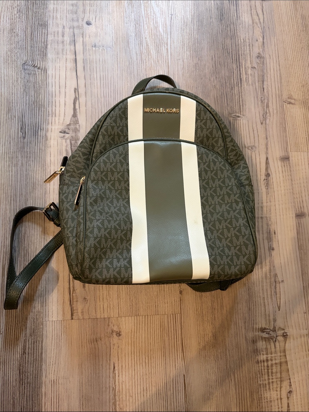 Michael Kors Olive and Cream Stripe Logo Backpack